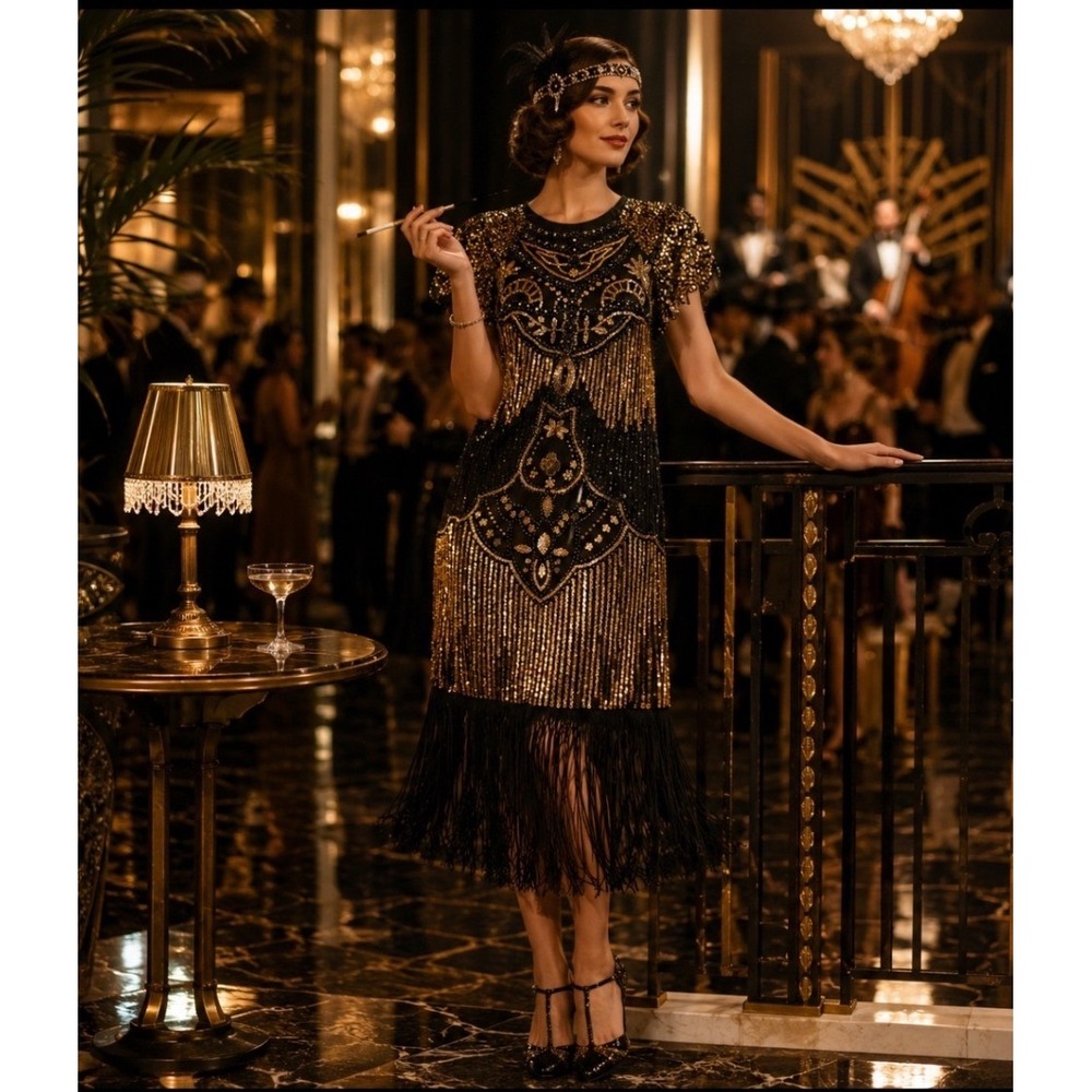 Fairycouple Black Gold Sequin Flapper Dress Fringe Great Gatsby Party XL Women's